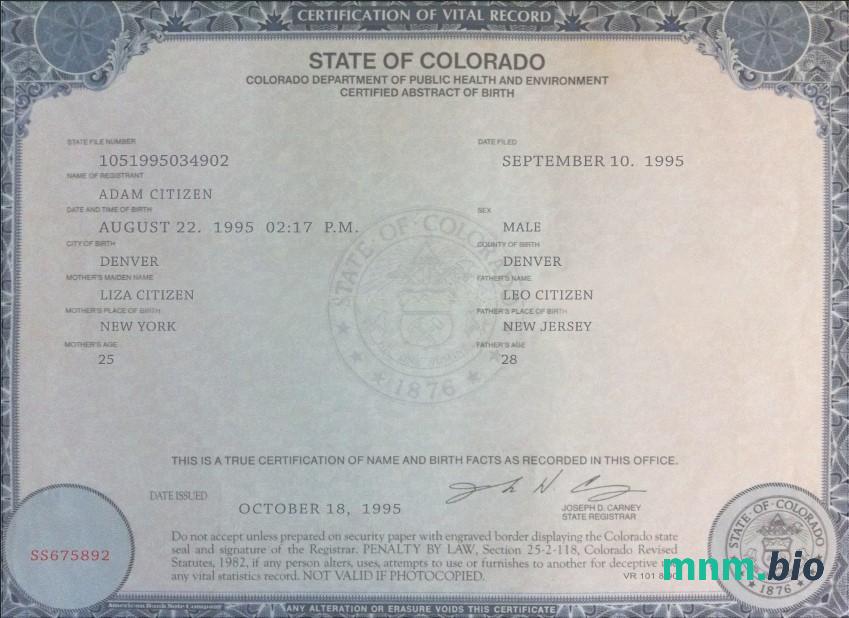 USA Colorado state narodziny certyfikat szablon w formacie PSD